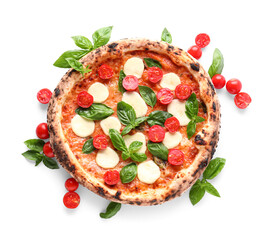 Tasty pizza Margarita with fresh tomatoes and basil on white background