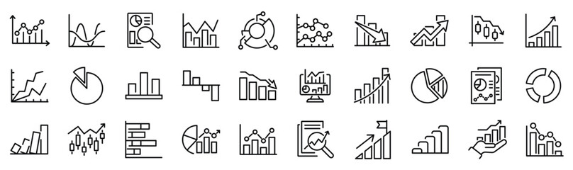 Set of 30 outline icons related to charts. Linear icon collection. Editable stroke. Vector illustration
