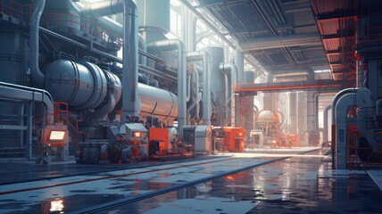 Inside a modern industrial factory with big pipes and tanks created with Generative AI