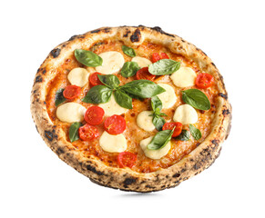 Flying tasty pizza margarita on white background