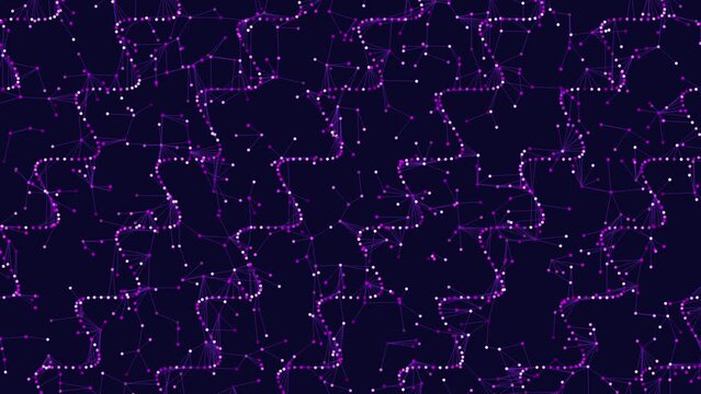 An abstract image showcasing a mesmerizing zigzag pattern formed by lines composed of small circles and dots in an array of squares, against a dark backdrop