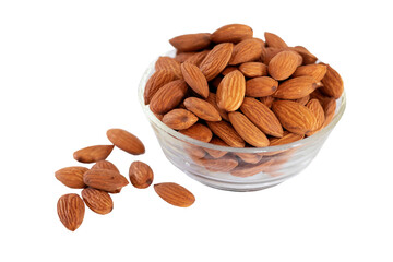 Almonds - Badam in glass bowl on white isolated background