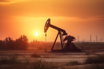 Crude oil Pumpjack on oilfield on sunset. Oil prices on global market. Fossil crude production. Oil drill rig and drilling derrick. Global crude oil Prices, OPEC+. Pump jack, oilfield, AI Generative 