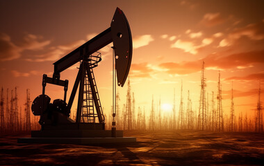 Crude oil Pumpjack on oilfield on sunset. Oil prices on global market. Fossil crude production. Oil drill rig and drilling derrick. Global crude oil Prices, OPEC+. Pump jack, oilfield, AI Generative  - obrazy, fototapety, plakaty