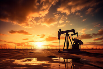 Fototapeta premium Crude oil Pumpjack on oilfield on sunset. Oil prices on global market. Fossil crude production. Oil drill rig and drilling derrick. Global crude oil Prices, OPEC+. Pump jack, oilfield, AI Generative 