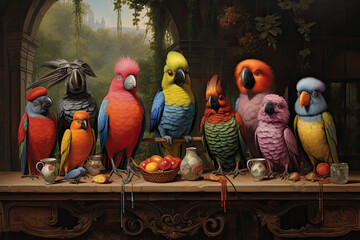 Egzotyczne papugi przy stole pełnym jedzenia.  - obrazy, fototapety, plakaty