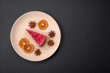 Delicious sweet cheesecake cake with mascarpone cheese, raspberries and jam