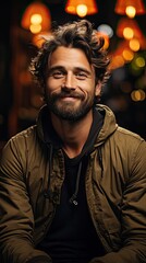 Head shot millennial guy sit on sofa in living room makes video call looks at camera, conversation by distant videocall, distance hiring job interview process. Generative AI