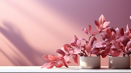 Abstract rose gold light bokeh of natural leaves shadow blurred background of tree branch, nature art on wall, pink rose gold shadow. Generative AI