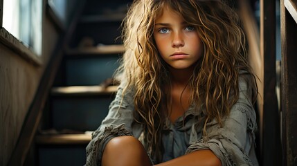 Sad little girl sitting on stairs. Sad emotion illustration. Generative AI - obrazy, fototapety, plakaty