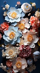Garden flowers over blue wooden table background. Floral flower illustration. Generative AI