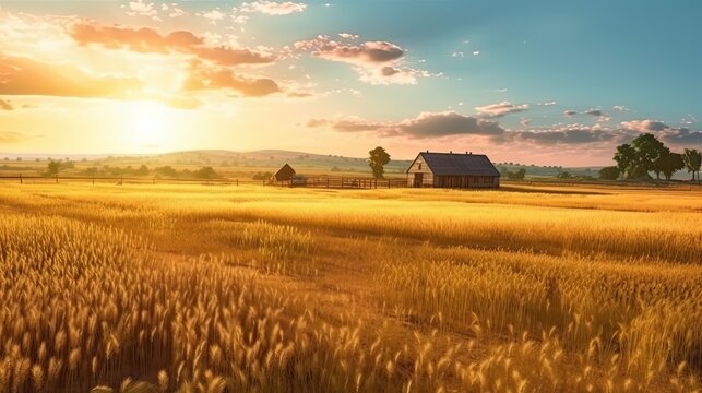 Field and sky in golden hours. Farm background of sunrise. Beautiful style illustration. Generative AI © tanyastock