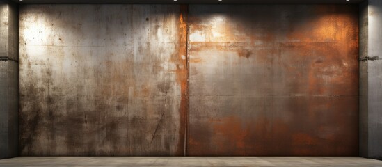 Architectural background with illustration of a vacant abstract room made of rusted metal and brown concrete
