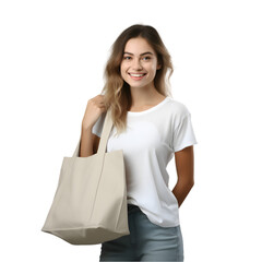portrait of Happy young woman with blank eco friendly bag on a transparent background, photography and clip art for eco green concept