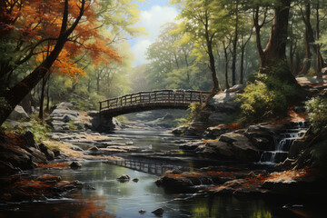 obraz przedstawiający mostek nad małą rzeczką wsród wiosennych drzew - obrazy, fototapety, plakaty