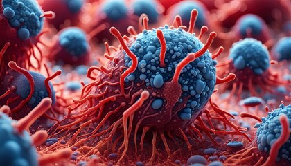 Lymphocytes cell in the immune system reacting and attacking a migrating and spreading cancer cell - illustration - obrazy, fototapety, plakaty
