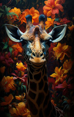 obraz przedstawiający żyrafę wśród kolorowych kwiatów - obrazy, fototapety, plakaty