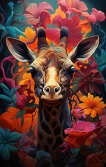 obraz przedstawiający żyrafę wśród kolorowych kwiatów - obrazy, fototapety, plakaty