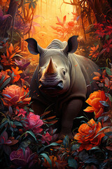 Nosorożec wychylający się z kwiatów  - obrazy, fototapety, plakaty
