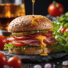 The fresh and delicious cheesy double hamburger with fries on a table in the restaurant.