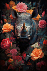 Nosorożec wychylający się z kwiatów  - obrazy, fototapety, plakaty