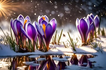 Purple crocus flowers in snow, awakening in spring to the warm gold rays of sunlight 