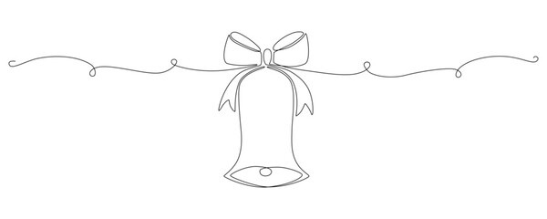 Christmas jingle bell hand draw one single line banner. Vector stock illustration isolated on white background for design template winter greeting card, banner for sale. Editable stroke. 
