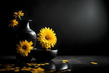 yellow flower on the black vase 