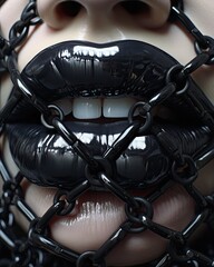 Close-up lips chained with black lipstick
