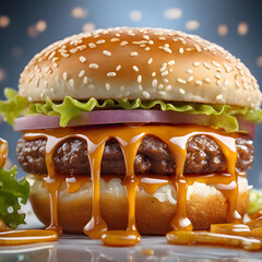 The fresh and delicious cheesy double hamburger with fries on a table in the restaurant.