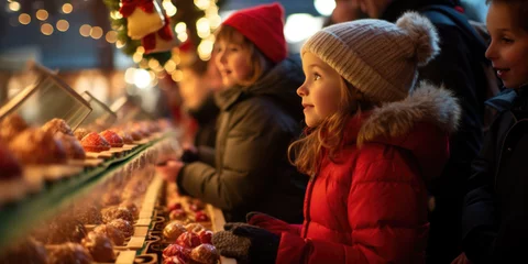 Poster Little girl chooses sweets on street Christmas market. Fruits, candies, cookies, gingerbread in chocolate glaze on skewers in bakery Xmas Eve. Christmas european food © britaseifert