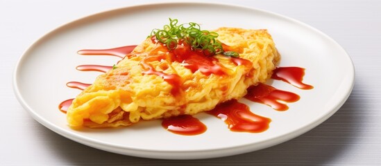 Japanese Omu Rice is a beloved dish made with ketchup rice wrapped in omelette - obrazy, fototapety, plakaty