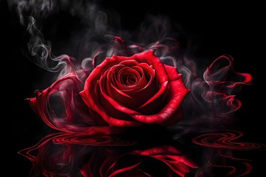 rose wrapped in red smoke swirl on black background  
