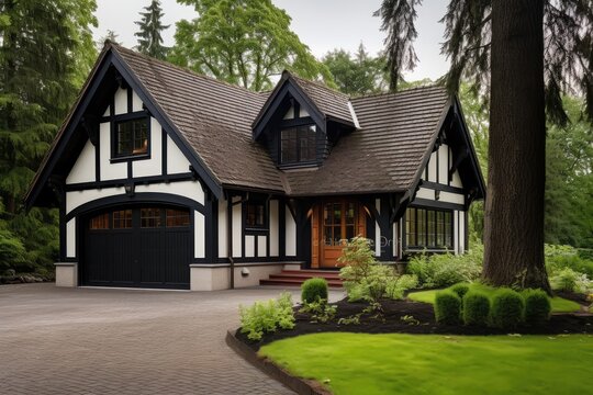 Tudor style family house exterior with gable roof