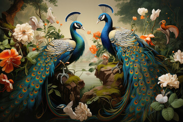 dwa piekne pawie przedstawione na obrazie w formie sztuki komputerowej wśród kwiatów - obrazy, fototapety, plakaty