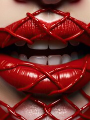 Close-up lips with chained red lipstick