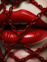 Close-up lips with chained red lipstick