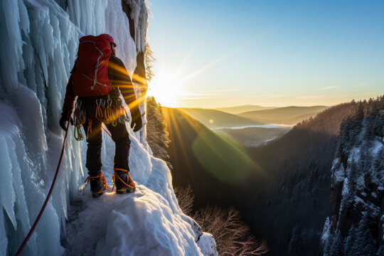 Adventurer ascends a frozen waterfall revealing stages of icy climbing progression 