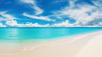 Beautiful sandy beach background. Bright summer sun over the ocean.Blue sky with light clouds, turquoise ocean with surf and clear white sand.