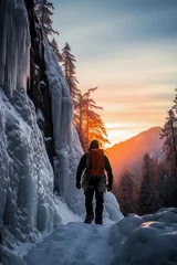 Fototapeten Frozen solitude: fearless climber navigates serene yet treacherous icy waterfall  © fotogurmespb