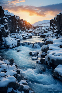 Frozen waterfall landscape at sunrise background with empty space for text 