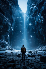 Nightfall explorer tackles towering frozen waterfall under the starlit sky 