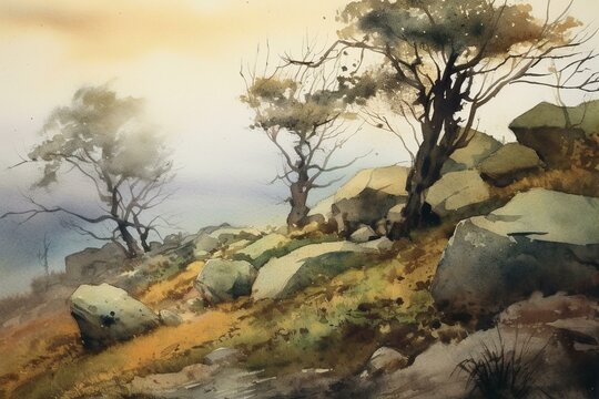 Watercolor painting of trees on a hill. Generative AI