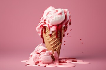 Melting pink ice cream spills from cone. Minimalistic summer food concept. Generative AI