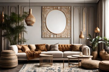 Stylish ethnic living room interior with design modular sofa, decoration and elegant personal accessories in modern home decor. Template.    - obrazy, fototapety, plakaty