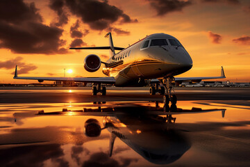 A gold toned business jet. - obrazy, fototapety, plakaty