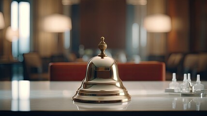 a hotel service bell elegantly placed on a pristine white glass table, setting the stage for a luxurious travel experience. - obrazy, fototapety, plakaty