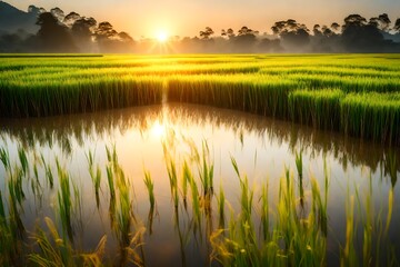 Sunrise and bokeh over paddy rice field. Paddy field farming at sunrise