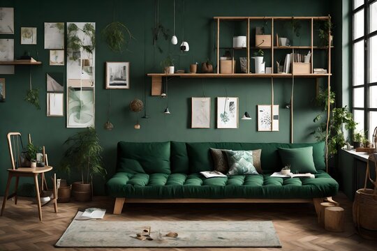 Dark green futon mattress sofa with two decorative cushions placed in Nordic style girl room interior with windows and wooden rack with books and posters 