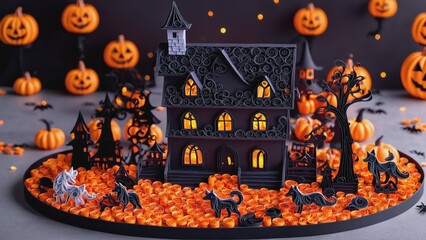 halloween scene with pumpkins and a house 